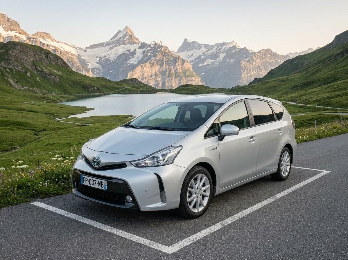 Silver Toyota Prius+ hybrid, front