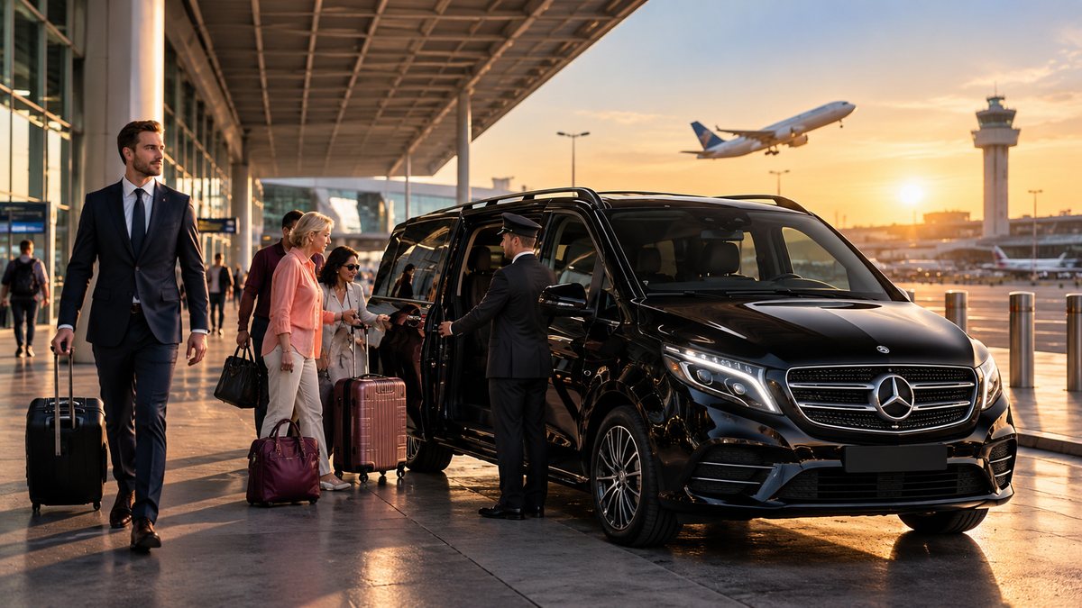 Black Mercedes V-Class at an airport terminal, the chauffeur opening the door for passengers