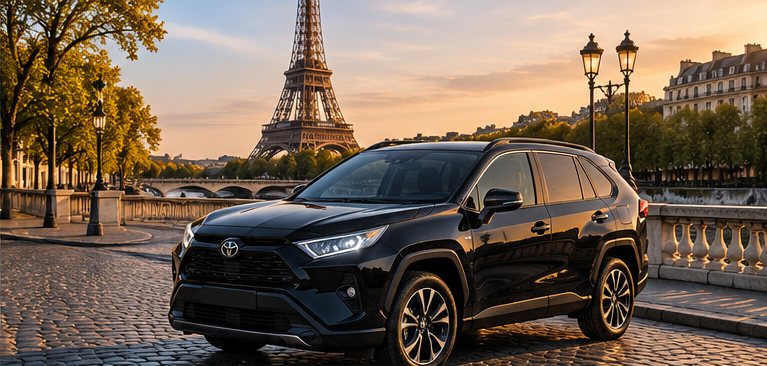 Black SUV on a Paris quay at sunset with the Eiffel Tower behind