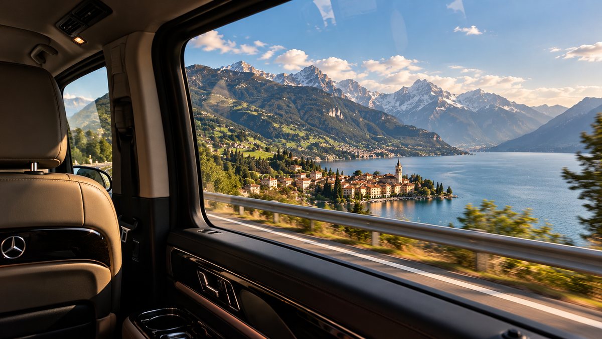 View from inside a Mercedes V-Class of a lake and mountain road in Europe